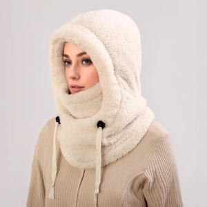 Detail of beige fleece balaclava with adjustable drawstring and fluffy texture