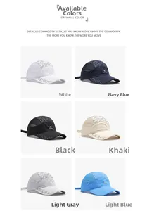 Detail view of quick-dry baseball caps in six colors with breathable mesh side panels