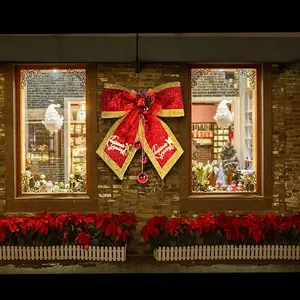 Christmas Decorative Bow Red Gold Glitter Fabric With Pinecones Hanging Balls For Window Door Wall Tree