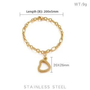 Technical drawing of 200mm gold stainless steel figaro chain with hollow heart charm
