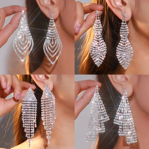 Luxury Rhinestone Long Tassel Drop Earrings For Women Geometric Water Drop Shiny Earrings For Wedding Banquet Party Jewelry
