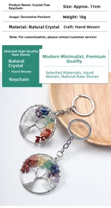 Detail view of colorful natural crystal tree of life keychain with size and weight info