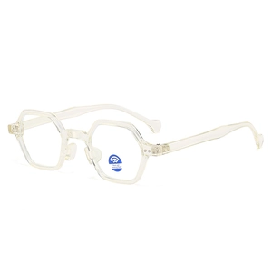 Champagne hexagonal oversized anti-blue light glasses with transparent frame shown at an angle