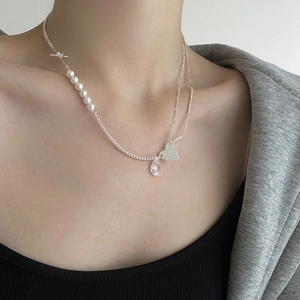 925 Sterling Silver Artificial Pearl Heart Pendant Necklace With Cross And Water Drop Zircon Minimalist Asymmetric Jewelry For Women
