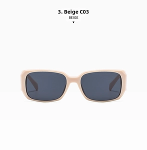 Front view of beige rectangular sunglasses with dark lenses and durable frame