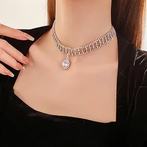 Luxury Multi Row Rhinestone Choker Necklace With Oval Zircon Water Drop Pendant For Women Banquet Party Exquisite Shiny