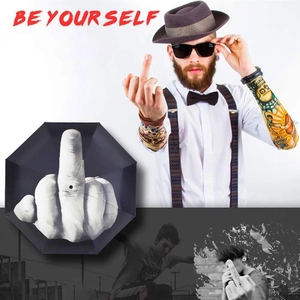 Funny black folding umbrella featuring a bold white middle finger gesture print