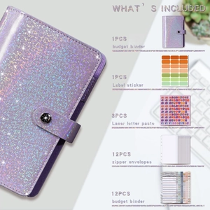 Detailed components list of purple glitter A6 budget binder with zipper envelopes and stickers