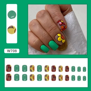 Short cute hand-painted floral press-on nails with fresh green solid color design