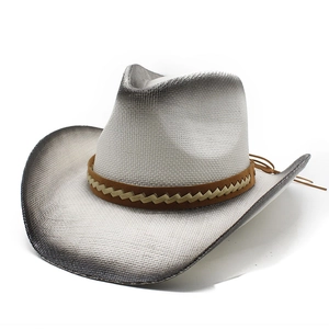 White wide brim western cowboy straw hat with grey spray paint and brown braided band