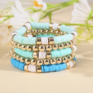Lot de 5 bracelets bohèmes en perles heishi bleues et dorées pour femmes et hommes