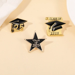 Black and gold 2025 graduation pins set with mortarboard, scroll, and star shapes