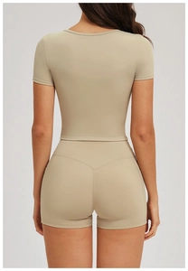 Rear view detail of beige seamless yoga set showing high-stretch fabric and stitching