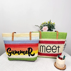 Detailed view of woven beach tote bags with striped patterns and leather handles