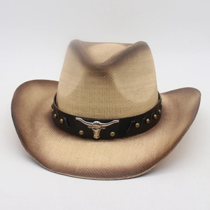 Chapeau de cowboy en paille dégradé marron avec bandeau en cuir et tête de taureau en métal