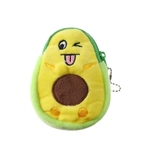 Detail of plush avocado coin purse with a soft green texture and metal keychain chain