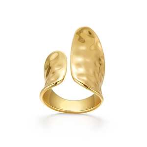Asymmetric hammered texture open ring in 18K gold plated copper on white background