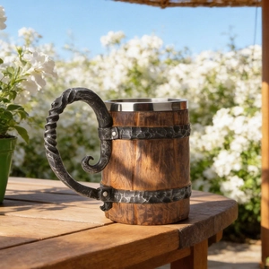 Detail of medieval style wooden barrel mug with 304 stainless steel liner on wooden table