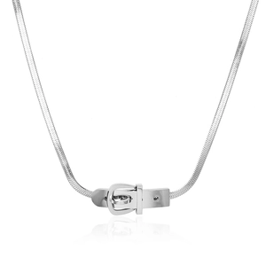 Polished stainless steel belt buckle necklace with sleek snake chain for women