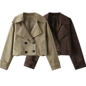 Women Short Trench Coat Double Breasted Lapel Collar Long Sleeve Solid Color Twill Cropped Jacket Outerwear