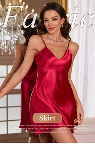 Detail of red satin slip dress with V-neck and thin straps showing front and back view