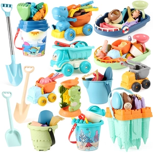 Kids colorful beach toy set with sand shovels buckets and transport vehicles