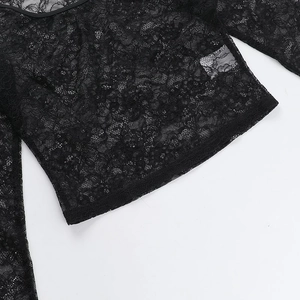 Détail de la maille dentelle florale avec des motifs complexes sur un haut noir à manches longues