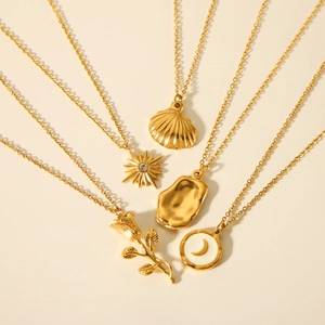 Set of 5 gold stainless steel necklaces with shell, sun, rose and moon pendants
