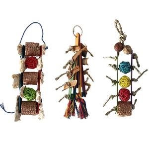 Natural wood, rattan ball and corn husk parrot chewing toy set for birds on white background