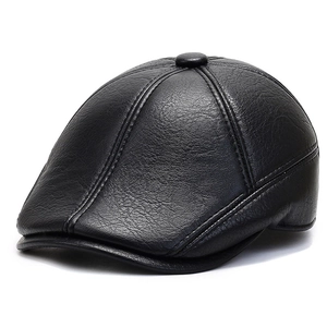 Classic black faux leather flat cap for men featuring a textured finish and warm ear flaps