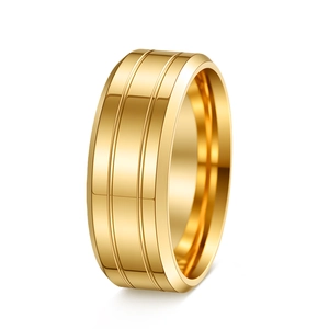 Detailed macro shot of an 8mm gold stainless steel ring with dual parallel groove lines