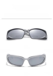 Front view of streamlined high definition cycling sunglasses in mercury and silver finish