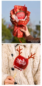 Detail showing DIY Christmas apple holder with red antler design and Merry Christmas tag