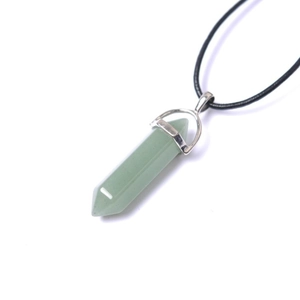 Natural light green crystal hexagonal prism pendant necklace with black cord