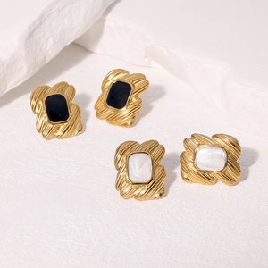 18k gold plated stainless steel square stud earrings with black and white stone inlays