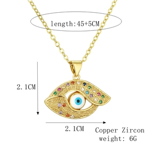 Detail showing dimension 2.1cm and material specs of colorful evil eye pendant necklace