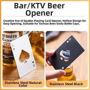 Detail of silver and black stainless steel card bottle openers used on glass beer bottles