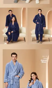 Detail of sea blue fleece bathrobe showing premium plush texture and white piping details