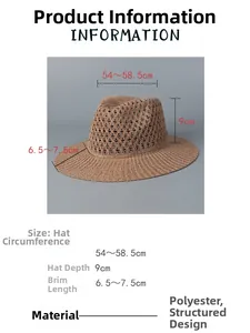 Tableau des tailles détaillé et spécifications pour le chapeau de paille classique