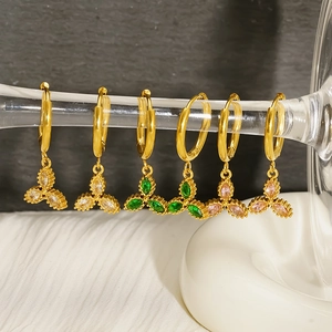 Klaver Hanger Oorbellen 304 Roestvrij Staal 18K Verguld Marquise Zirconia Bloem Sieraden Voor Dames