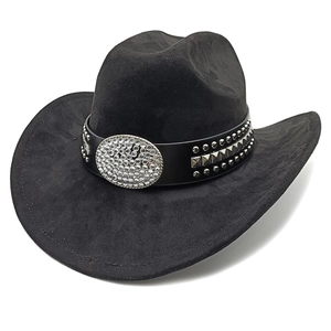 Black suede western cowboy hat with rhinestone buckle and punk metal studs decoration