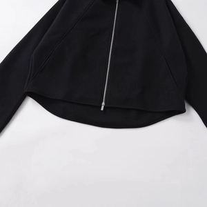 Women's black casual wool blend zip-up jacket with curved hem and silver metal zipper