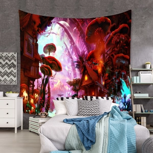 Detail of mushroom tapestry as a wall backdrop in a cozy bedroom setting