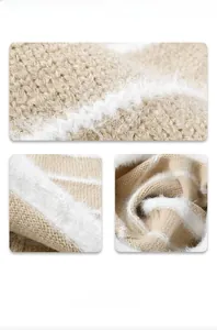 Macro shot of thick beige and white striped knit beanie showing soft mohair texture