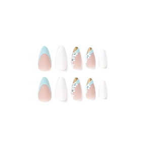 Blue French press on nails with 3D white flowers and sparkling rhinestones