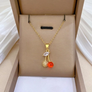 Cherry Pendant Necklace Stainless Steel Chain Copper Micro Pavé Cubic Zirconia Red Fruit Jewelry For Women Elegant Style