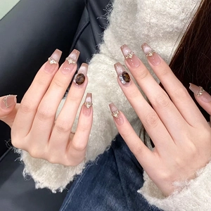 Faux Ongles French Cat Eye Forme Cercueil Dégradé Ombré Avec Strass Et Pierres Précieuses Ambre Pour Femmes Luxe