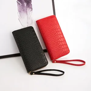 Women Long Wallet Croc Embossed PU Leather Zip Around Clutch Bag With Wristlet Strap Large Capacity Phone Purse Fashion