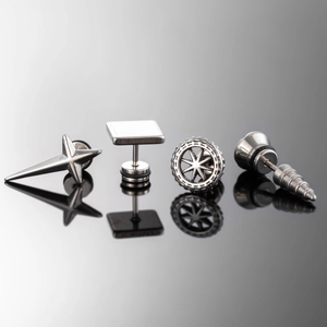 Punk Industrial Stainless Steel Stud Earrings Geometric Cross Gear Square Conical Cartilage Piercing Jewelry For Men Women