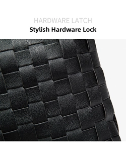 Macro shot of premium black woven leather texture on a stylish bucket bag accessory